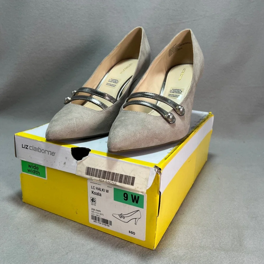 Liz Claiborne Pumps Koala Grey Faux Suede Pearl‎ Strappy Elegant Neutral 9 WIDE